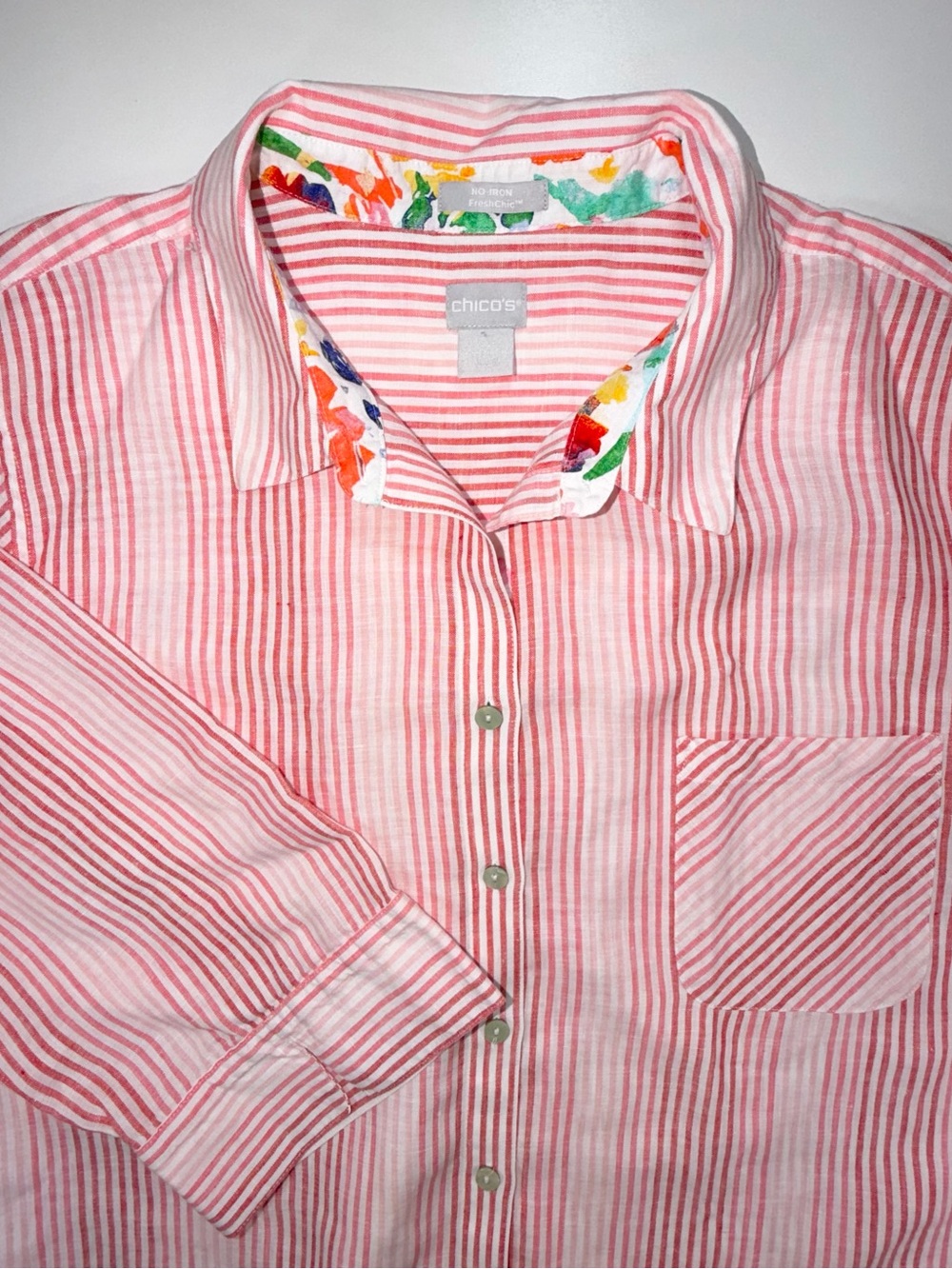 Chicos No Iron FreshChic 100% Linen Button Down Shirt 3/4 Sleeve Sz 4 2XL 20